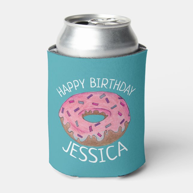 Happy Birthday Pink Teal Frosted Doughnut Doughnut Can Cooler (Can Front)