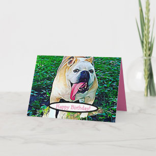 Happy Birthday, pink text bulldog with tongue out Card