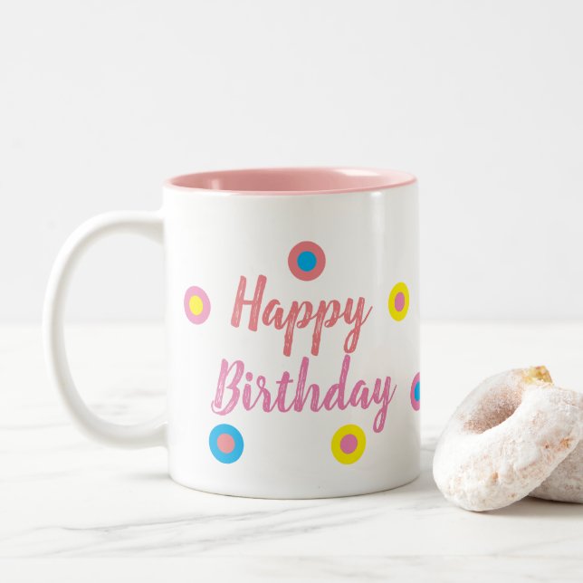 Happy Birthday Pink Two-Tone Coffee Mug (With Donut)