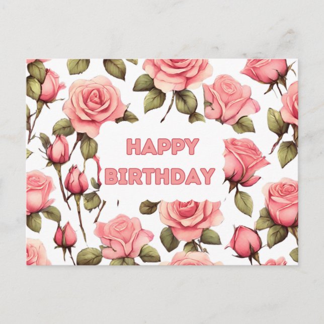 Happy Birthday Pink Watercolor Roses  Postcard (Front)