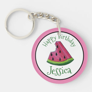 Happy Birthday Pink Watermelon Slice Fruit Picnic Keychain