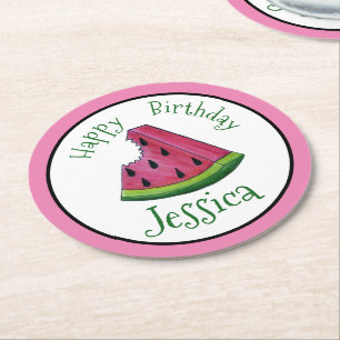 Happy Birthday Pink Watermelon Slice Fruit Picnic Round Paper Coaster