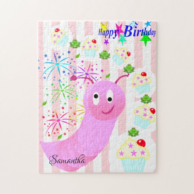 Happy Birthday Pink Worm Cupcake Stripe Jigsaw Puzzle (Vertical)
