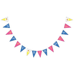 Happy Birthday Pink Yellow Cake Slice Candles Bunting Flags