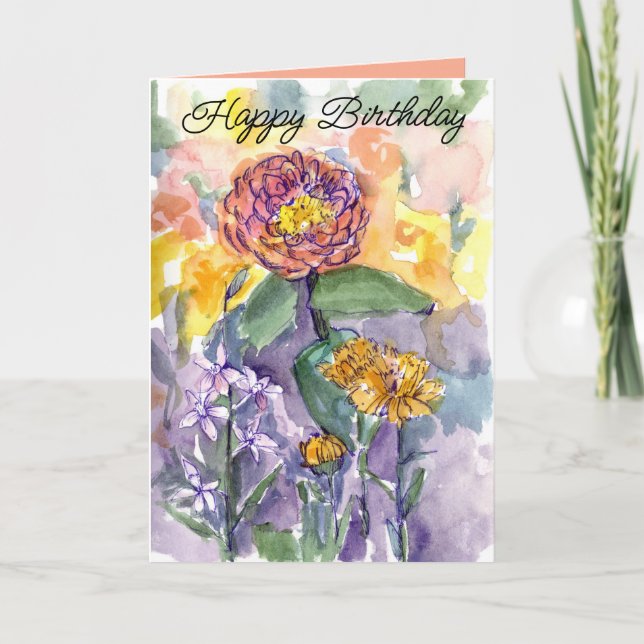 Happy Birthday Pink Zinnias Watercolor Garden Card (Front)