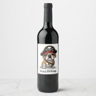 Happy Birthday Pirate English Bulldog Skull Wine Label