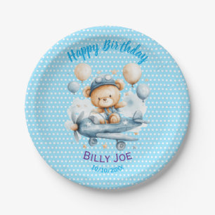 Happy Birthday Polka Dot Cute Teddy Bear in Plane Paper Plate