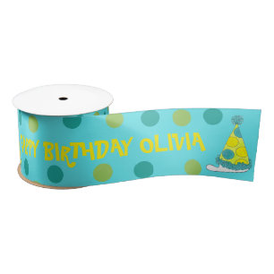 Happy Birthday Polka Dot Party Hats Yellow Blue Satin Ribbon