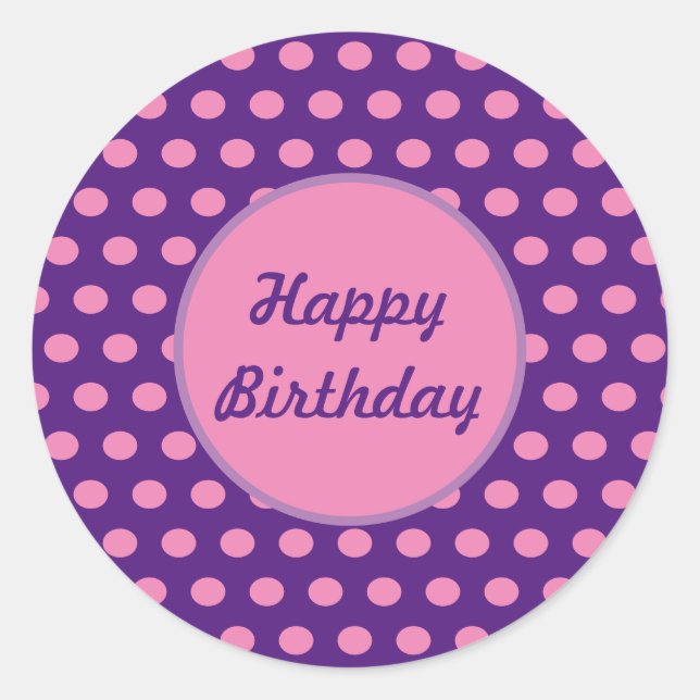Happy Birthday Polka Dot Round Stickers (Purple) (Front)