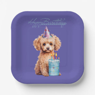 Happy Birthday Poodle with Party Hat & Bday Cake  Paper Plate