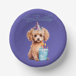 Happy Birthday Poodle with Party Hat & Bday Cake Paper Plate
