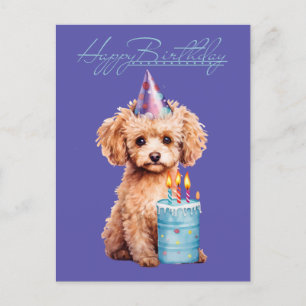 Happy Birthday Poodle with Party Hat & Bday Cake  Postcard