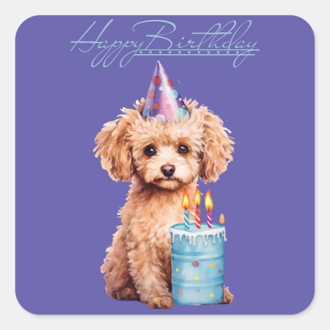 Happy Birthday Poodle with Party Hat & Bday Cake  Square Sticker (Front)