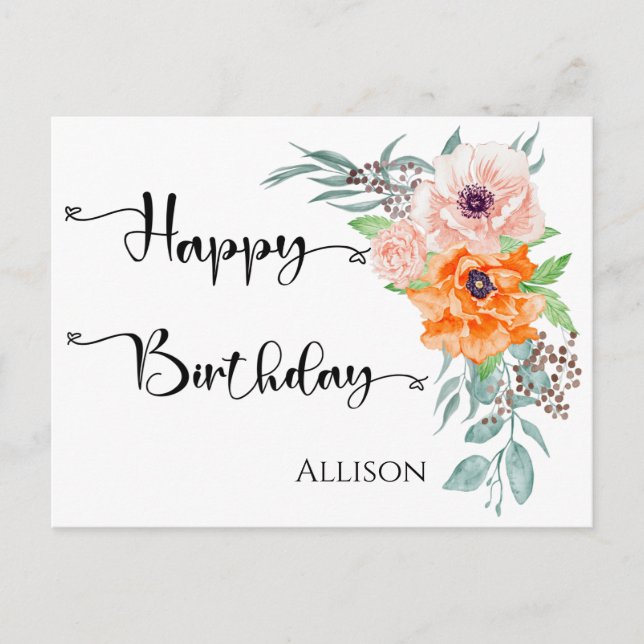 Happy Birthday Poppy Flowers Watercolor  Postcard (Front)