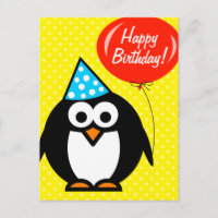 Happy Birthday postcard | cute penguin and balloon