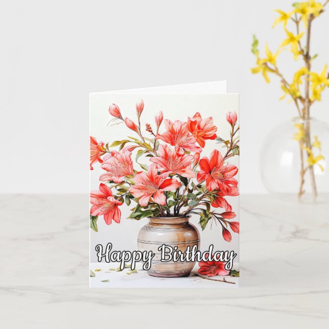 Happy Birthday Potted Lily Flower Illustration Card (Yellow Flower)