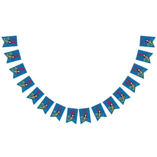 Happy Birthday Pretty Mermaid String of Red Hearts Bunting Flags (All)