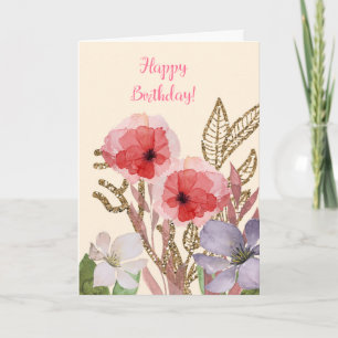 Happy Birthday Pretty Pink Watercolor Flowers Card
