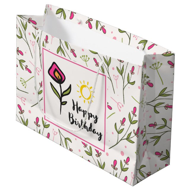 Happy Birthday - Pretty Wildlflowers and Sun Large Gift Bag (Front Angled)