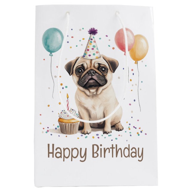 Happy Birthday Pug Dog Medium Gift Bag (Front)