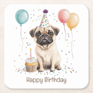 Happy Birthday Pug Dog Square Paper Coaster
