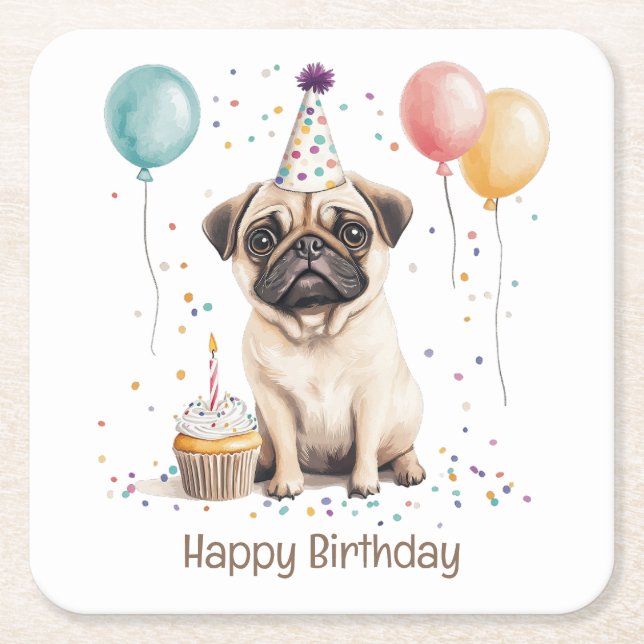 Happy Birthday Pug Dog Square Paper Coaster (Front)