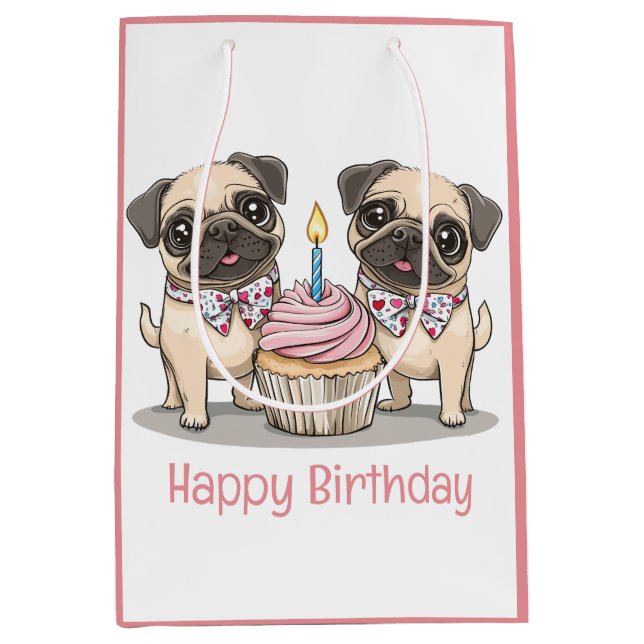 Happy Birthday Pug Dogs Cupcake Medium Gift Bag (Front)