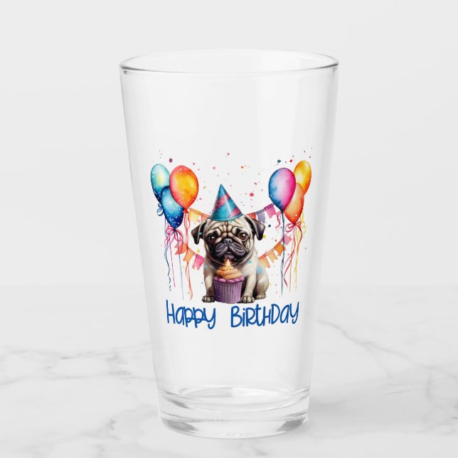 Happy Birthday Pug With Cupcake And Balloons Glass (Front)