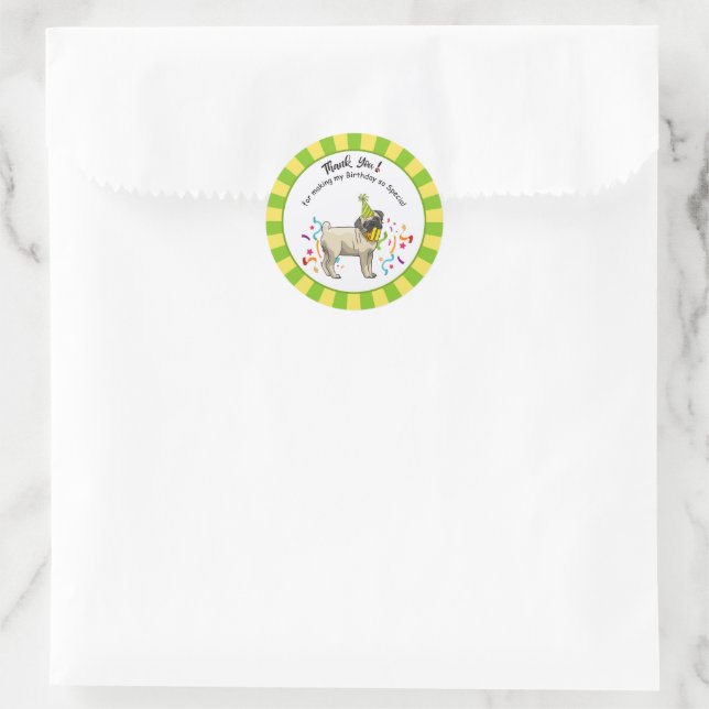 Happy Birthday Pug Yellow Green Favour Classic Round Sticker (Bag)