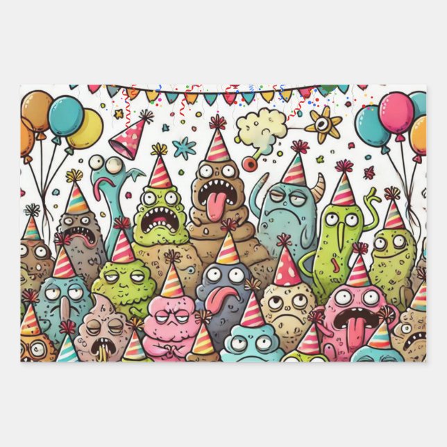 Happy Birthday Puking Monster Wrapping Paper Sheet (Front)