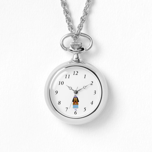 Happy Birthday Pup Silver Necklace Watch (Front)