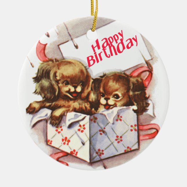 Happy Birthday Puppies Ceramic Ornament (Front)