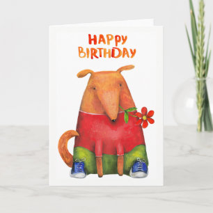 Happy Birthday Puppy with Flower  Blank Inside Card