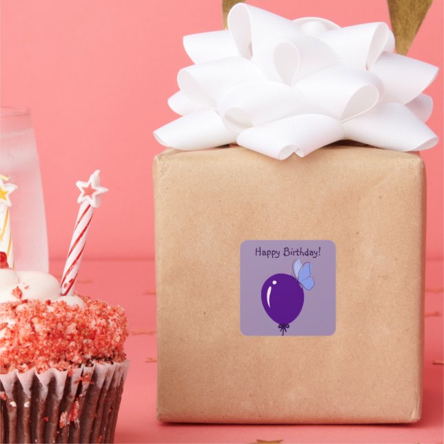 Happy Birthday! Purple Balloon & Blue Butterfly Square Sticker (Party)