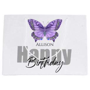 Happy Birthday Purple Butterfly Personalized Name Large Gift Bag