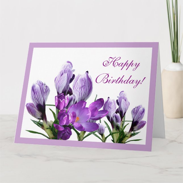 Happy Birthday purple crocus flowers boho floral  Card (Front)