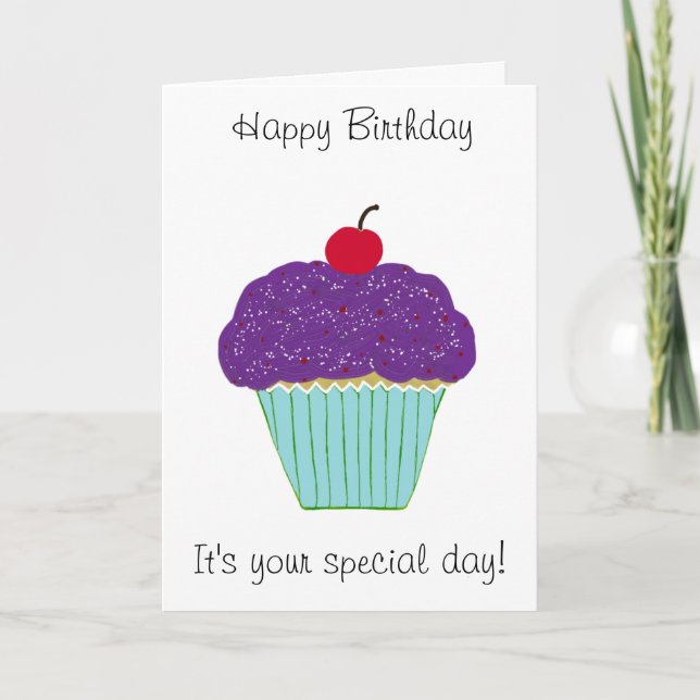 Happy Birthday Purple Cupcake Cherry Card (Front)
