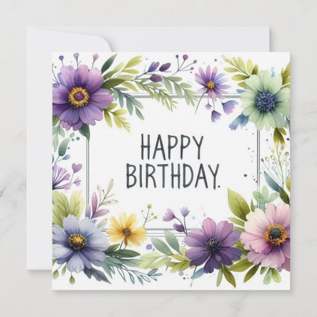 happy birthday purple flower frame card  (Front)