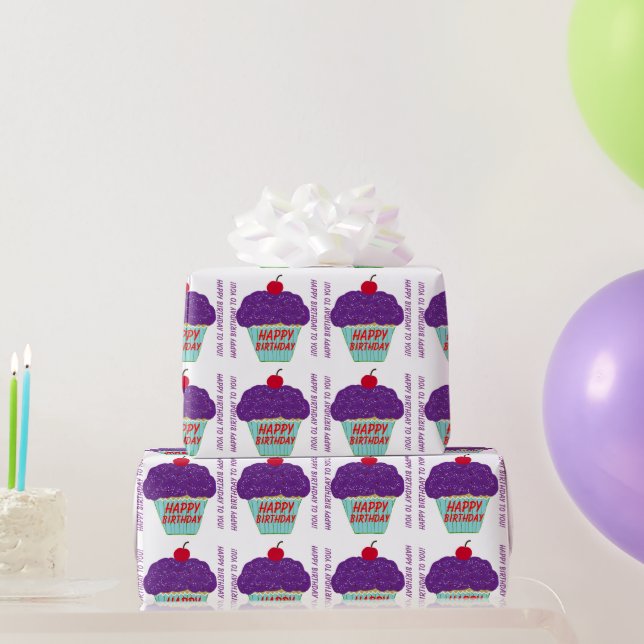 Happy Birthday Purple Frosting Cherry Cupcake Wrapping Paper (Party Gifts)