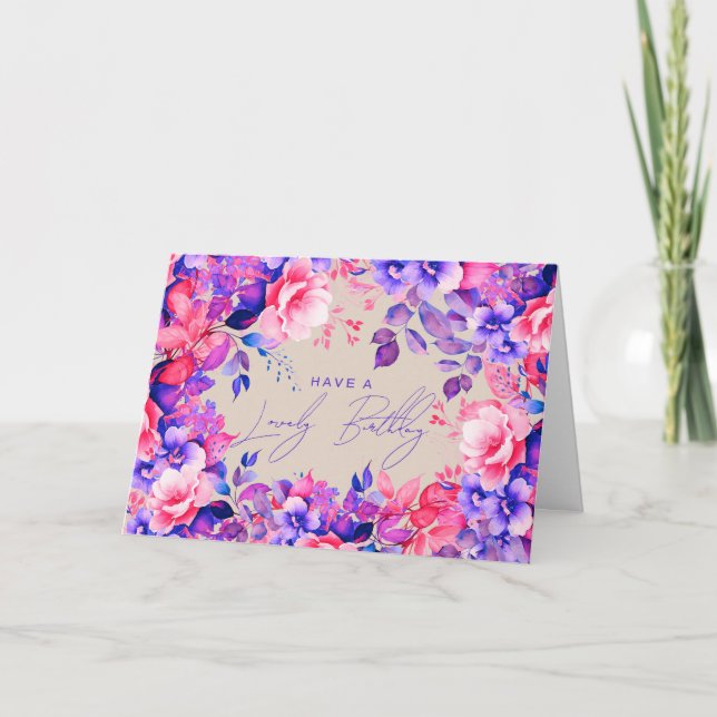 Happy Birthday Purple Garden Floral Champagne Card (Front)