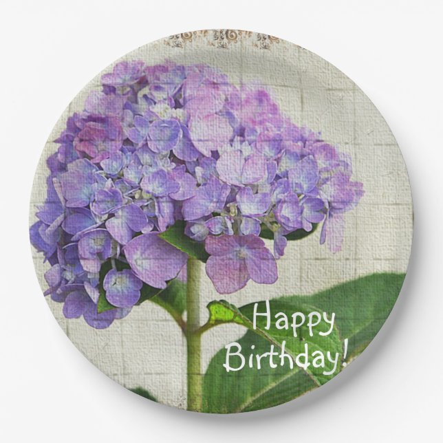 Happy Birthday Purple Hydrangea Paper Plate (Front)