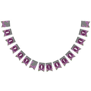 Happy Birthday Purple Iris Black White Stripes Bunting Flags