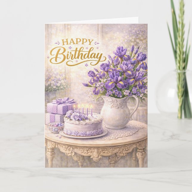 Happy Birthday Purple Iris Cottage Still Life Card (Front)