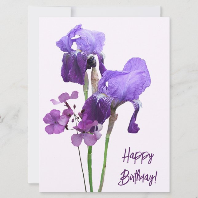 Happy birthday purple iris flowers boho trendy  holiday card (Front)