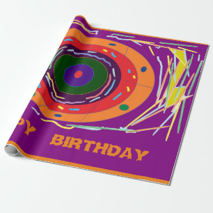 Happy birthday purple orange globes and stripes wrapping paper