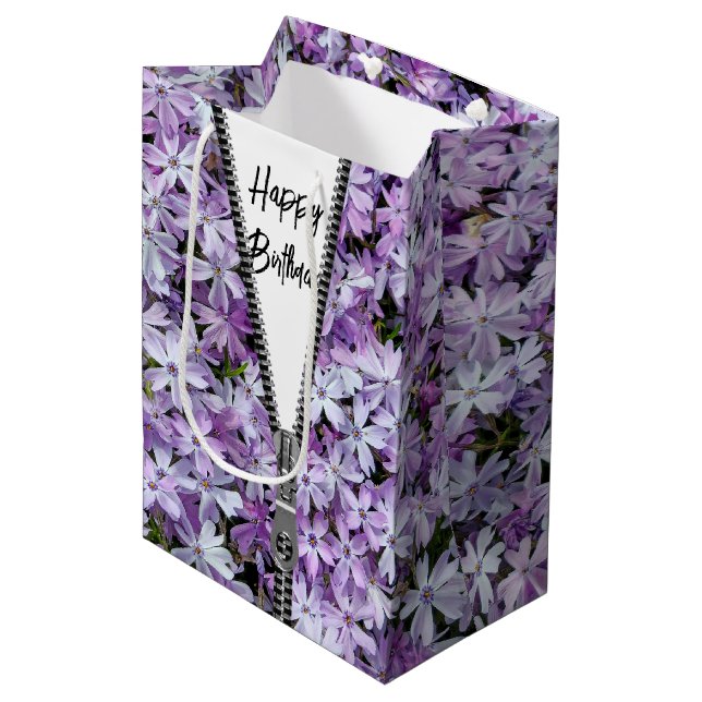 Happy Birthday Purple Phlox with Zipper Medium Gift Bag (Front Angled)