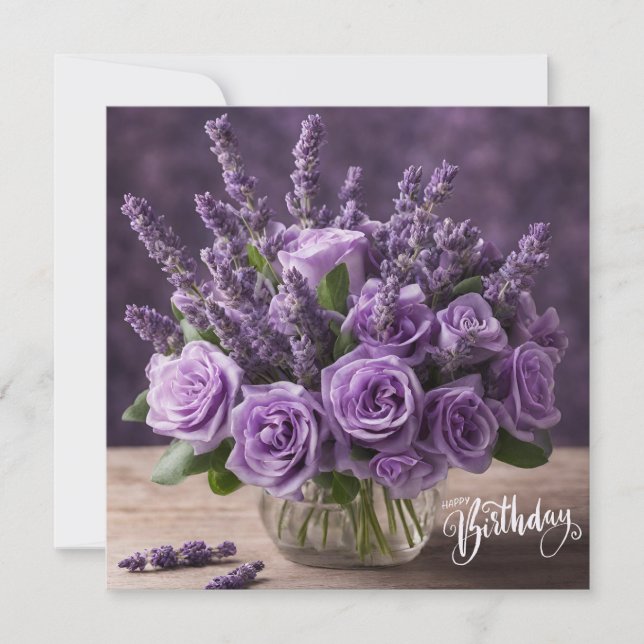 Happy Birthday Purple Roses and Lavender Flowers  Card (Front)