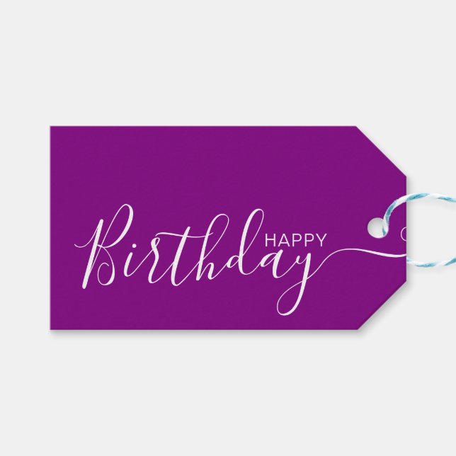 Happy Birthday Purple White Modern Gift Tags (Front (Horizontal))