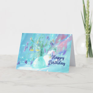 Happy Birthday Purple, Yellow Wildflowers on Blue  Card