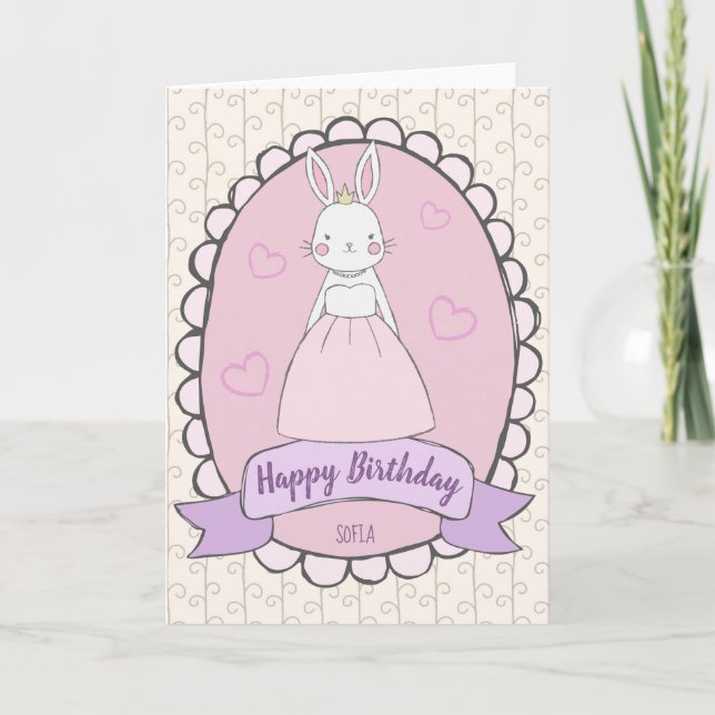 Happy Birthday rabbit princess pink white girly Card (Front)